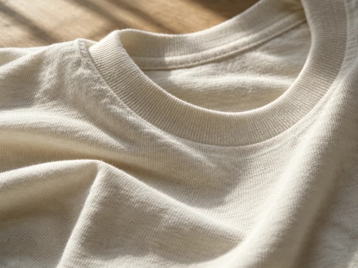 Dettaglio del girocollo e della trama di una T-shirt in cotone ecru