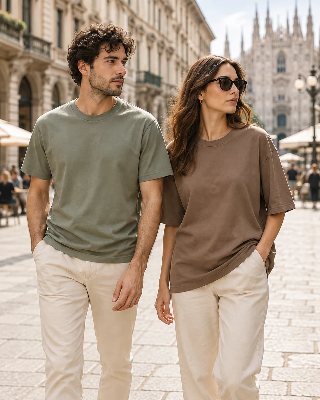 Due amici a Milano: lui in T-shirt Classica verde, lei in Oversize mocha