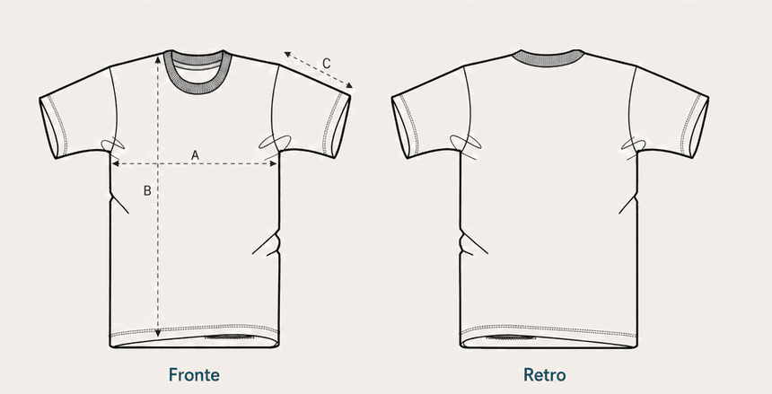 Schema della T-shirt Classica, fronte e retro: A mezzo petto, B lunghezza, C manica