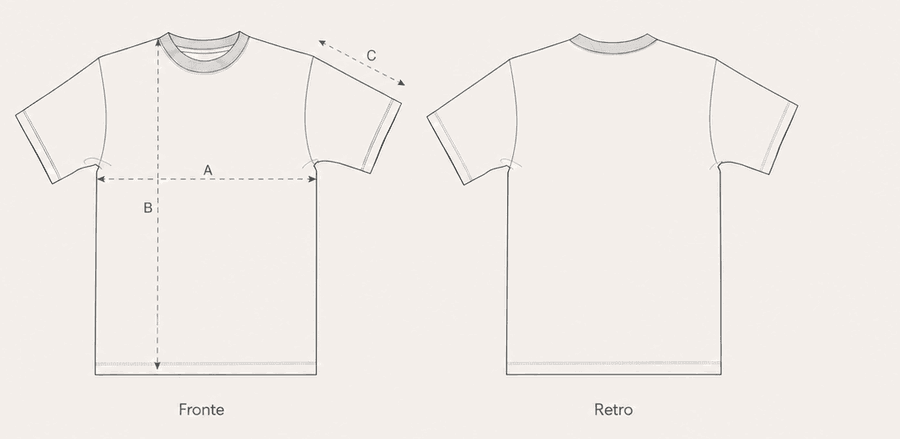 Schema della T-shirt Oversize, fronte e retro: A mezzo petto, B lunghezza, C manica